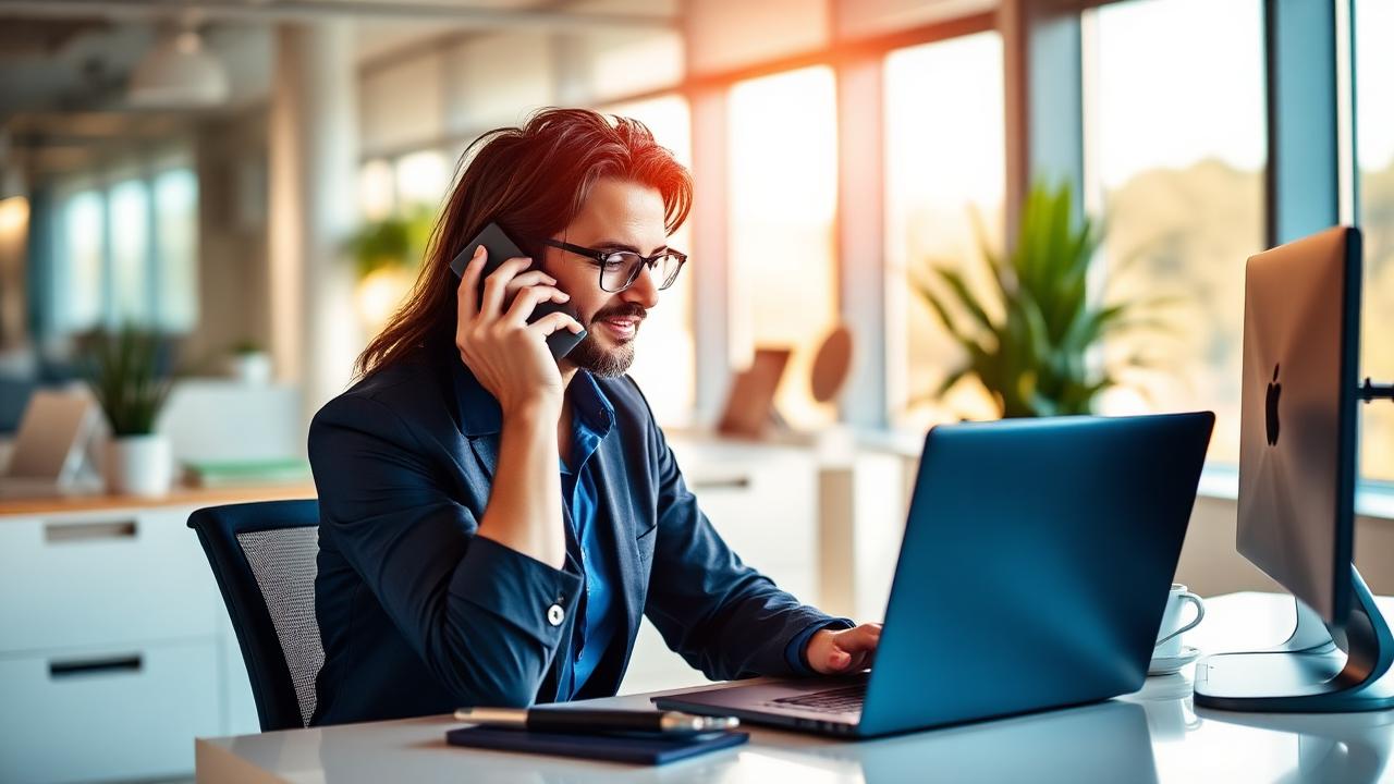 Australian business owner contacting the AI Business Loans finance team by phone and laptop