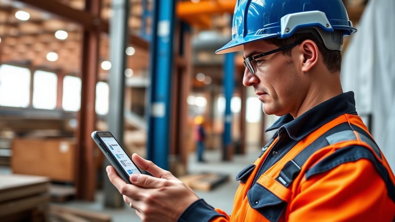Tradesperson on an Australian job site receiving a fast business loan approval on a smartphone