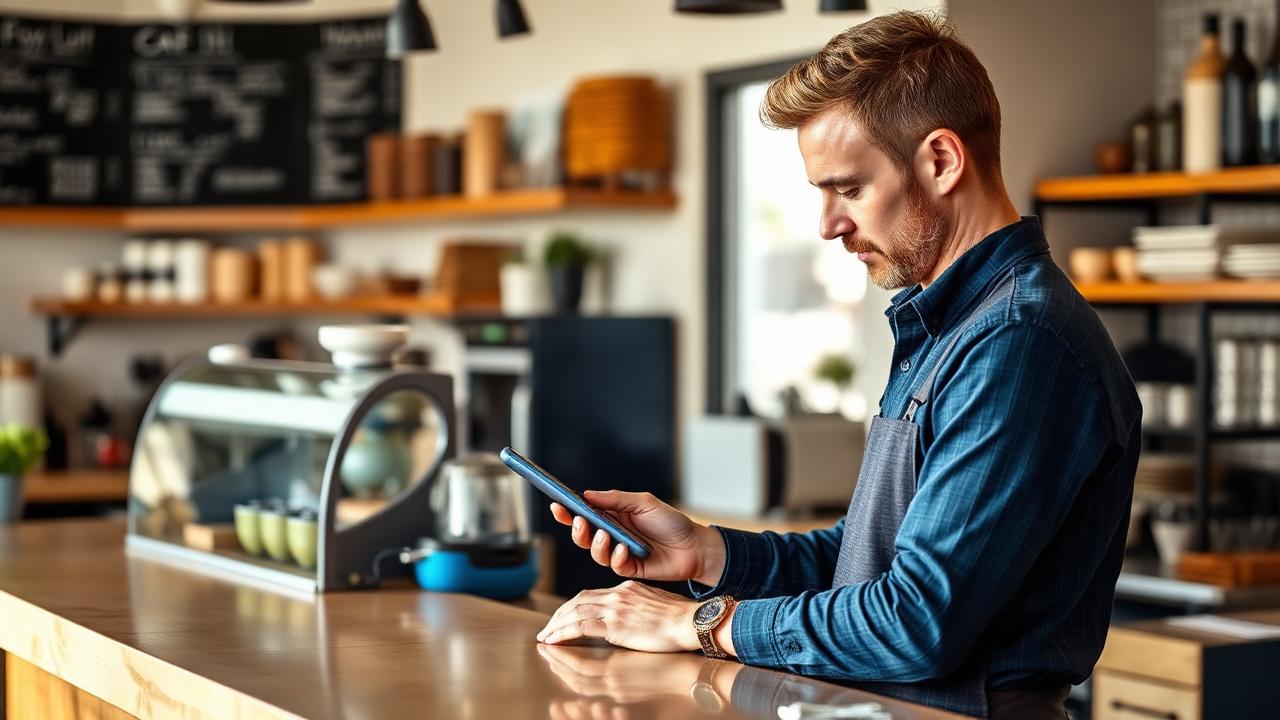 Australian cafe owner checking cash flow on a phone before applying for a working capital loan